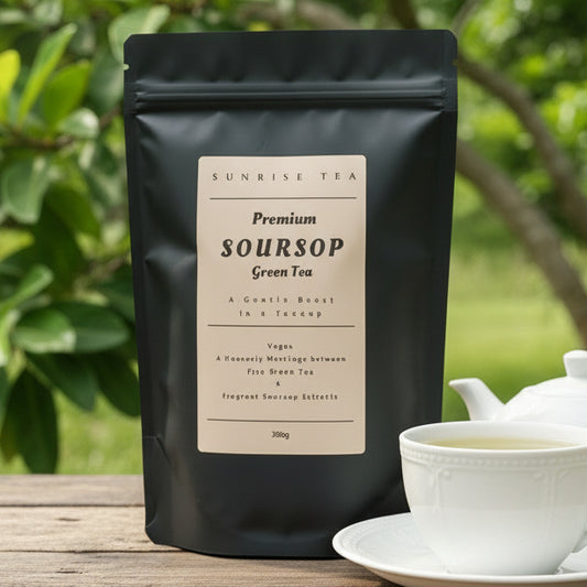 Black tea package with a label on a light gray background