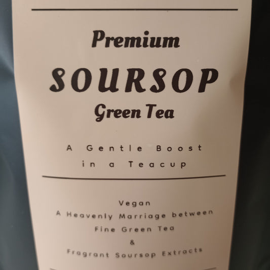 Label for Premium Soursop Green Tea on a dark background