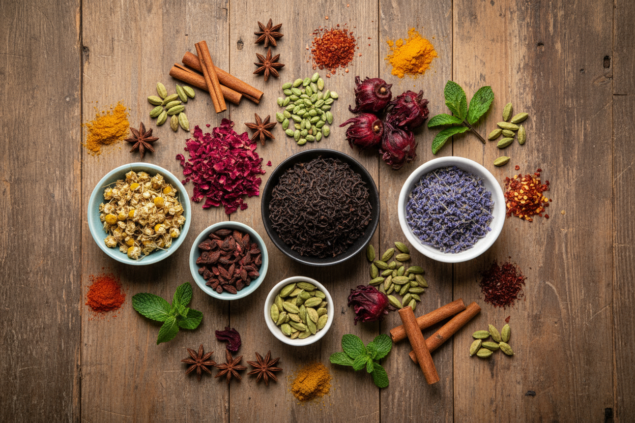 tea, herbs, spices, dried flowers top down view