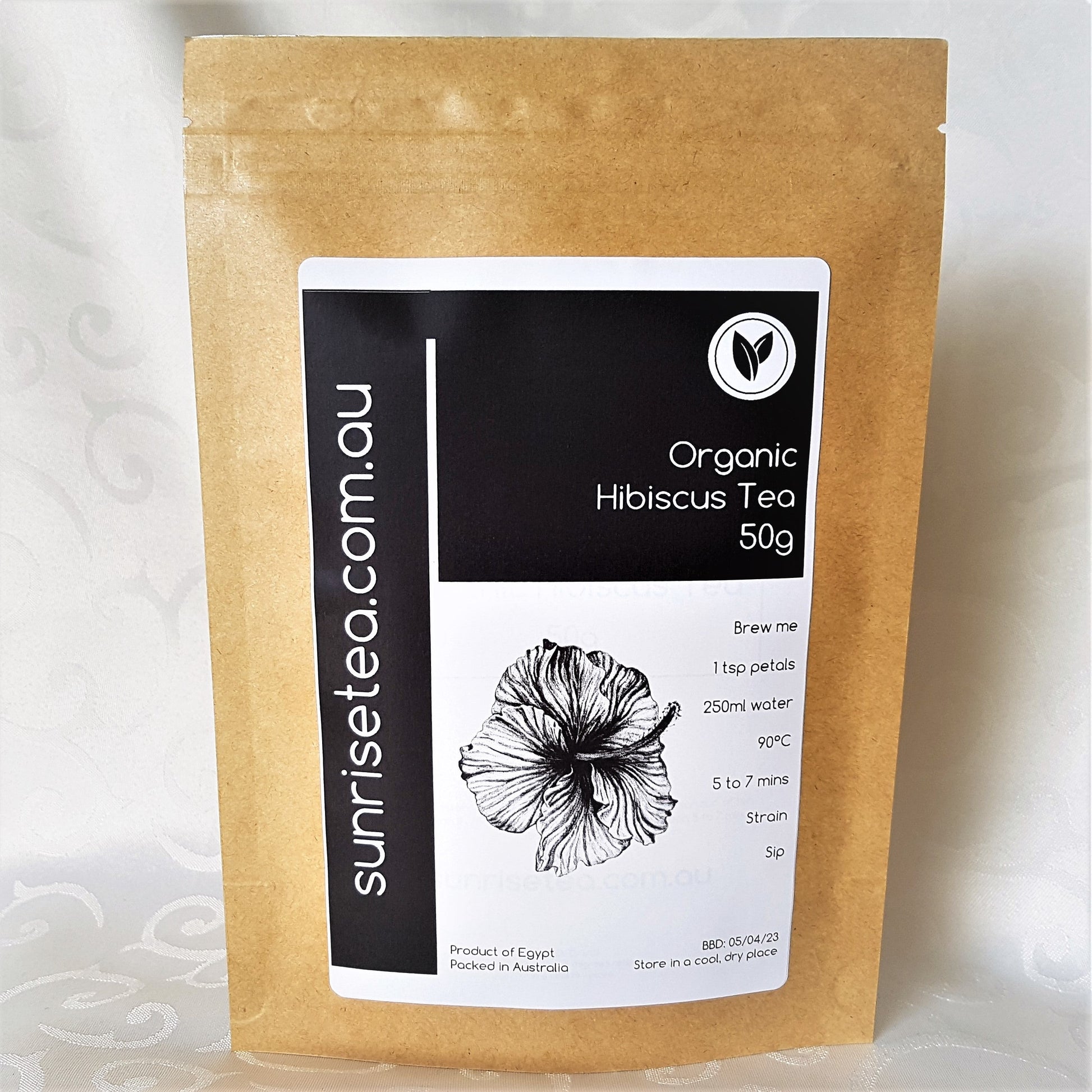 hibiscus tea packaged with sunrisetea.com.au on it