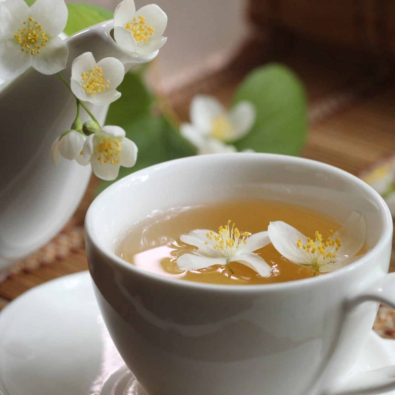 Strained jasmine pearls green tea brew in a white teacup and saucer set. Matching teapot next to it. Tea cup and tea pot decorated with fresh white jasmine flowers.